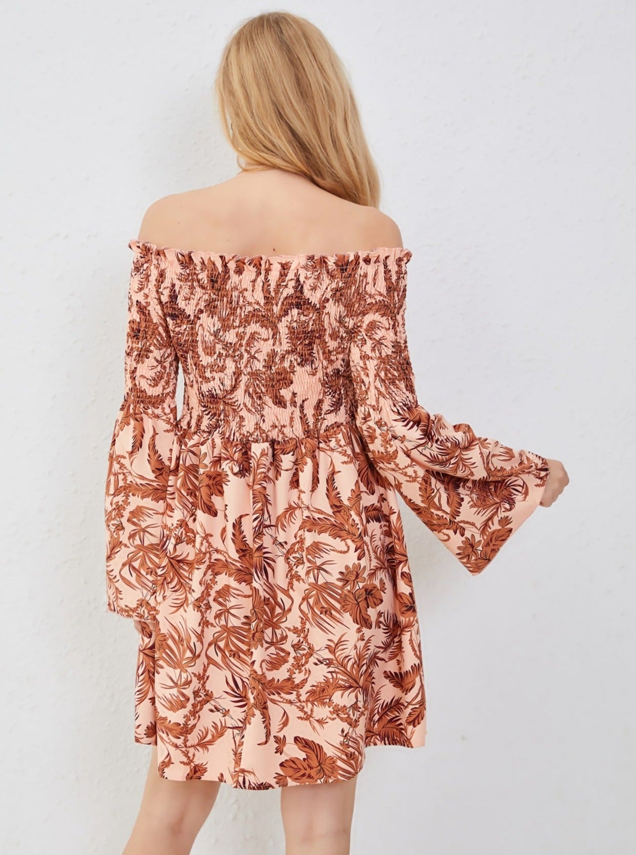 Peach Off Shoulder Long Sleeve Casual Mini Dress