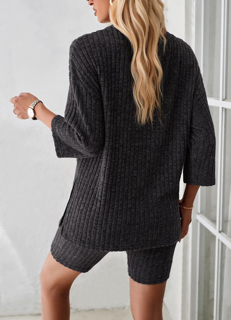 Long Sleeve Knitted Shirt and Shorts Set