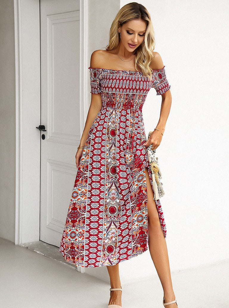 Sommer Off Shoulder Bohemian Slit Midi-kjole 