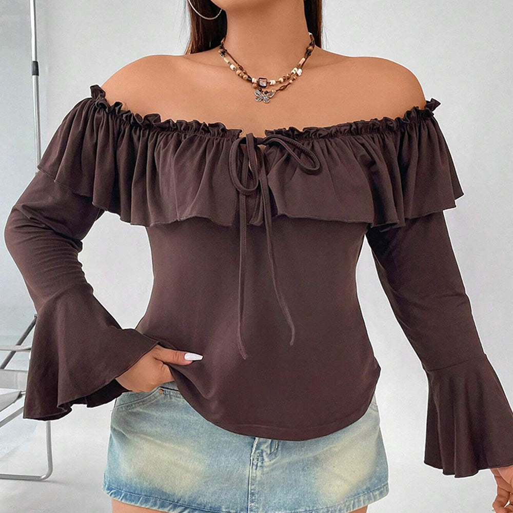 One-Line Collar Ruffled Trumpet Sexy Top