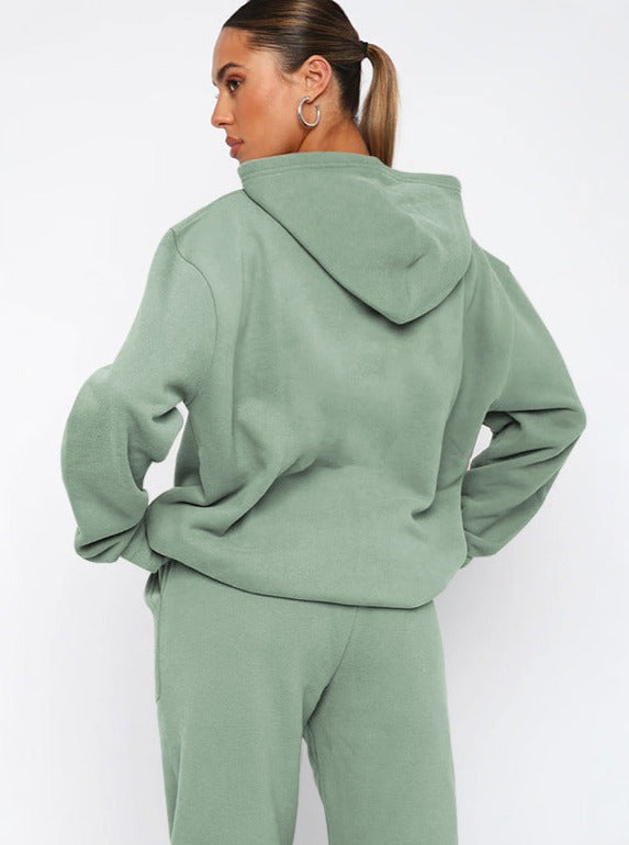 Casual Green Hooded Long Sleeve Sweater and Trousers Set