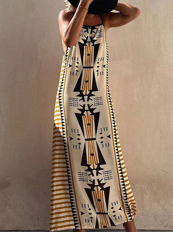 Egyptian Printed Sleeveless Long Summer Dress