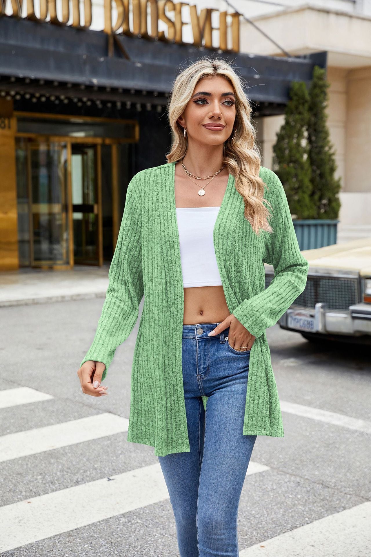 Casual Plain Open Front Long Sleeve Cardigan