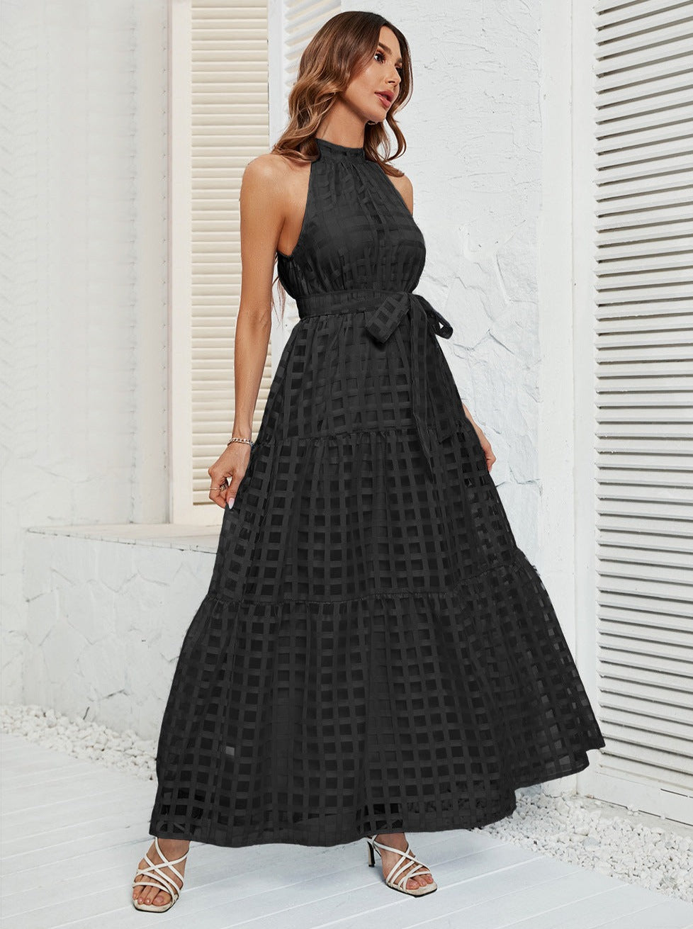 Black Halter Mesh Belted Maxi Dress