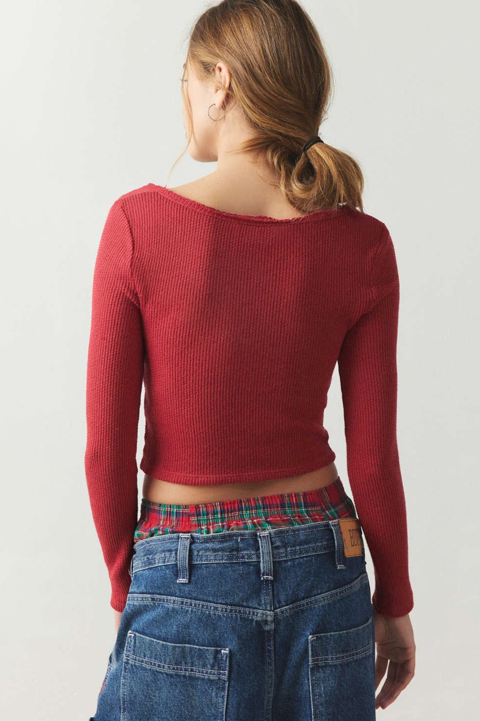 Ribbed V-Neck Long Sleeve Knitted Sweater Blouse