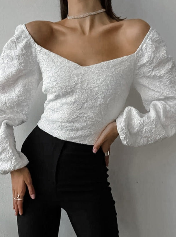 Solid Color Jacquard V-Neck Bubble Sleeves Top