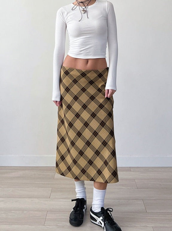Plaid Low Waist Midi Skirt