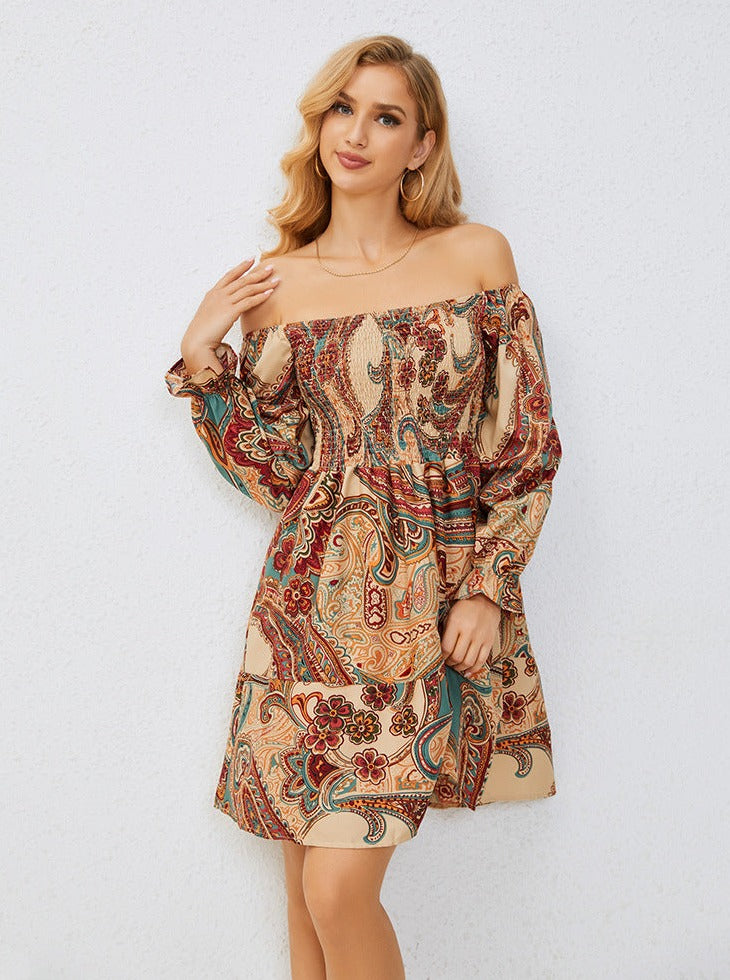 Off Shoulder Long Sleeve Bohemian Mini Dress