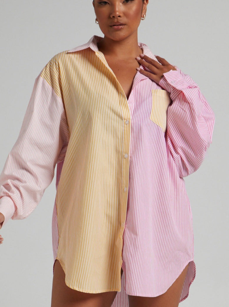 Farvematchende stribe todelt langærmet skjorte afslappet kort jakkesæt 