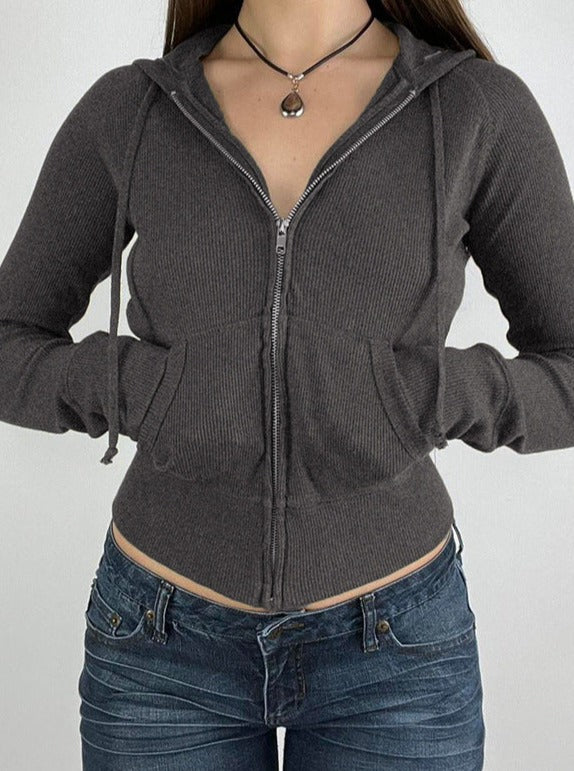 Solid Plain Zip-Up Drawstring Pocketed jacket
