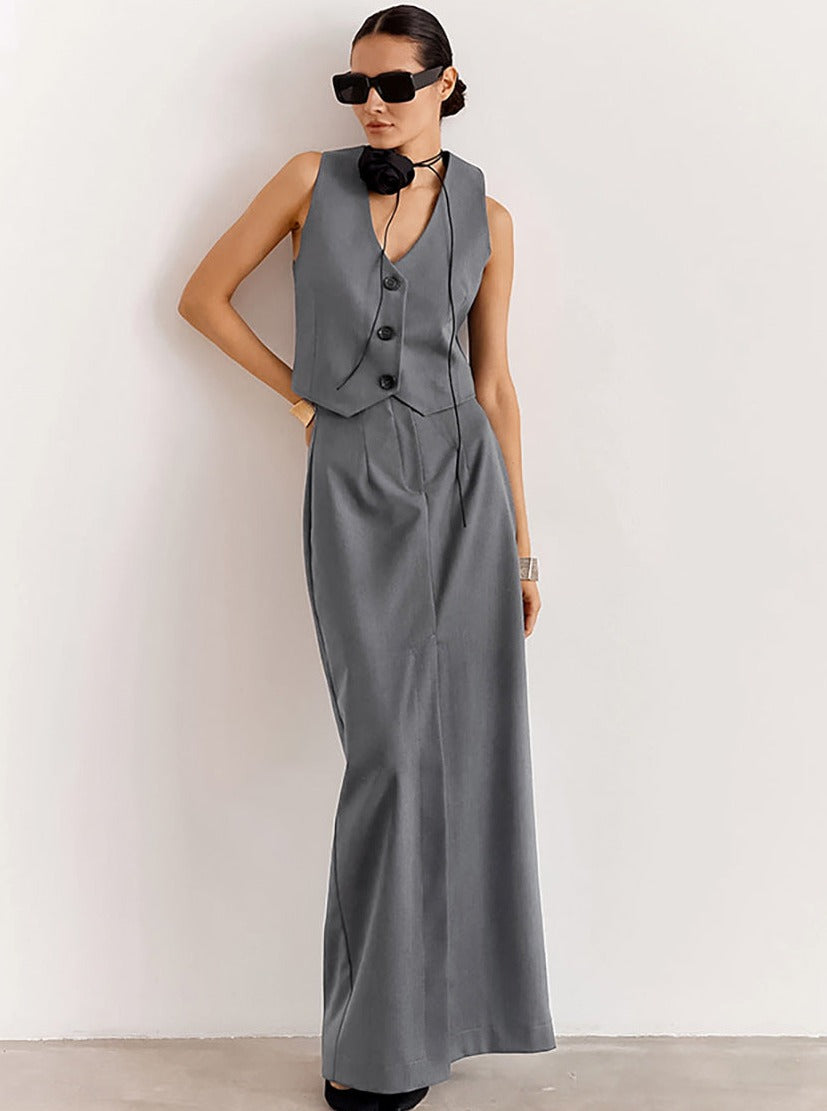 French Style High-Waist V-Neck Sleeveless Casual Two-Piece Suit