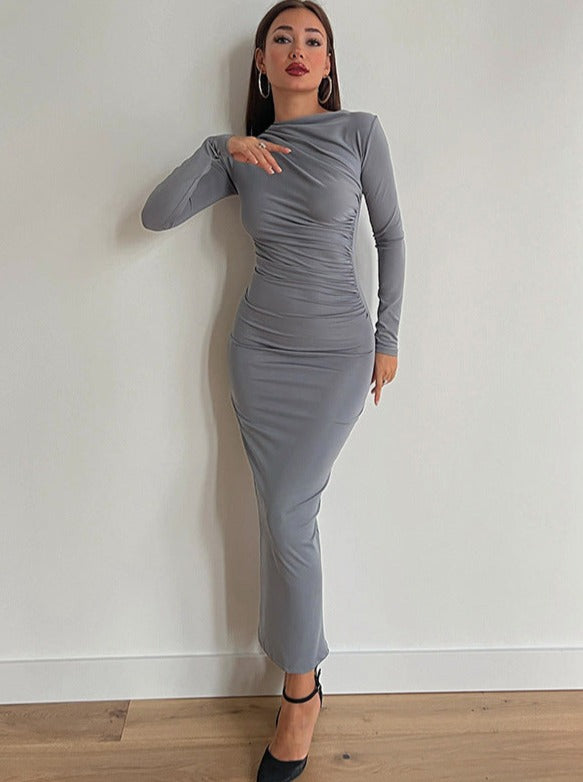 Solid Color Slim Pleated Long Sleeve Maxi Dress