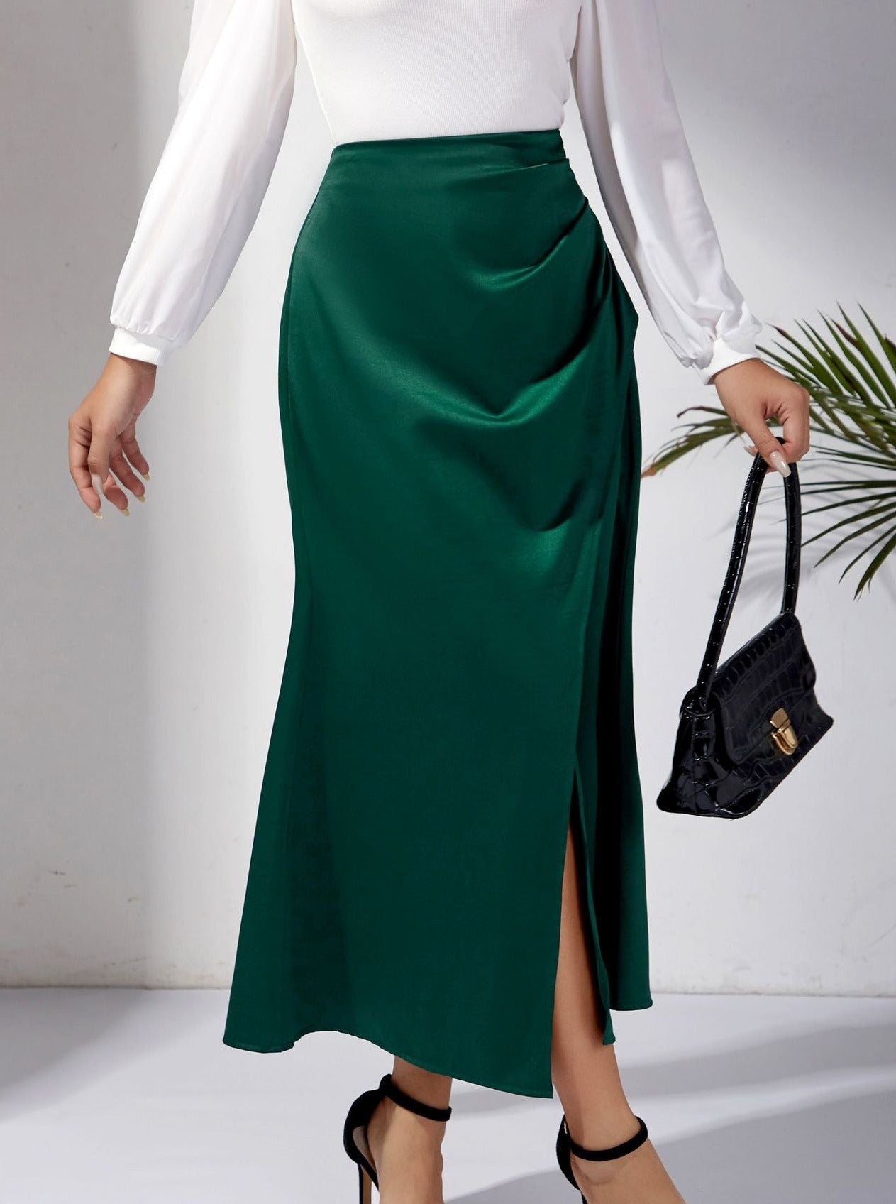 Casual Emerald Green Wrap Long Skirt