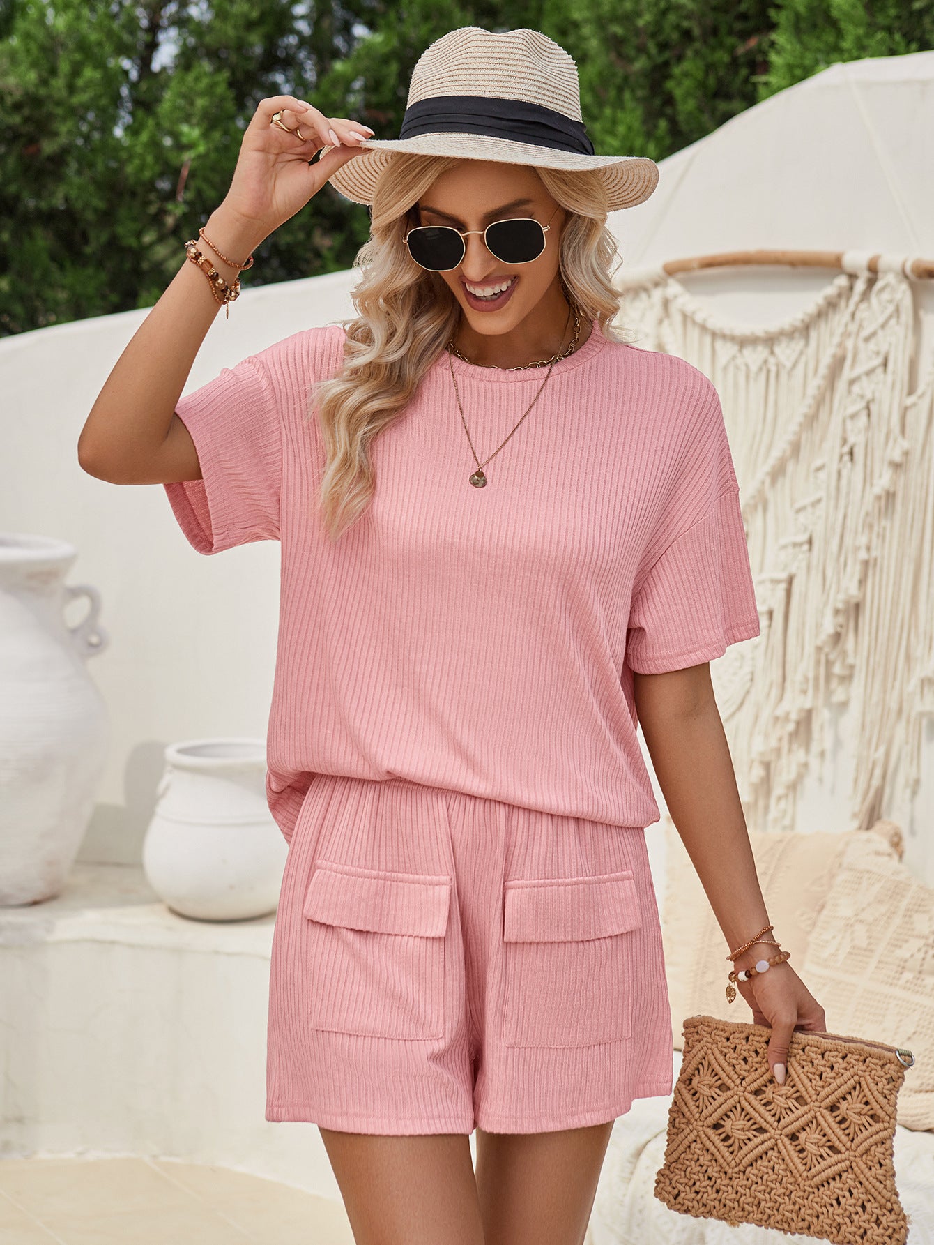 Casual Loose Round Neck Solid Color Short Sleeve Tops & Short Suits