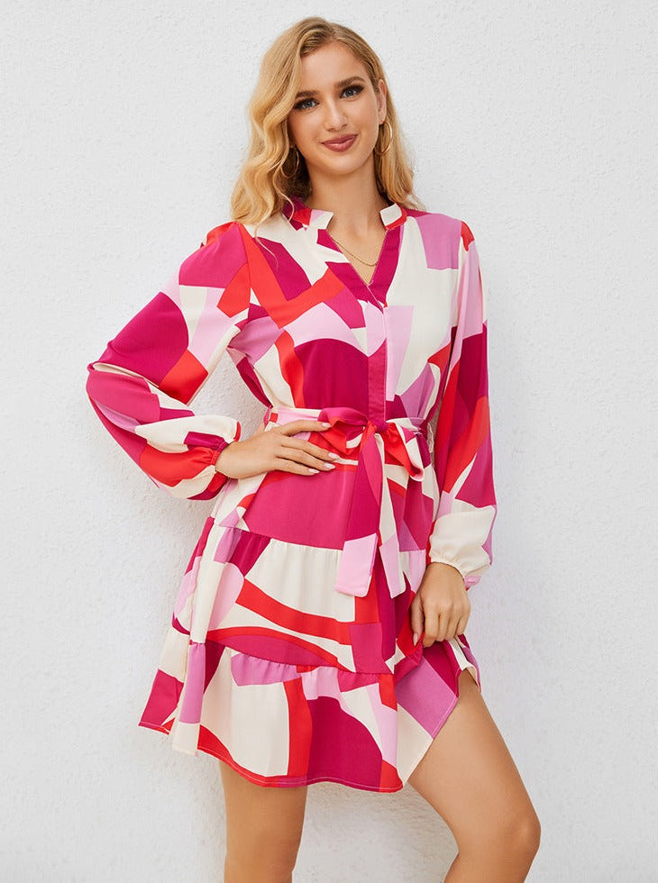 Pink Retro V-Neck Long Sleeve Lace-Up Mini Dress
