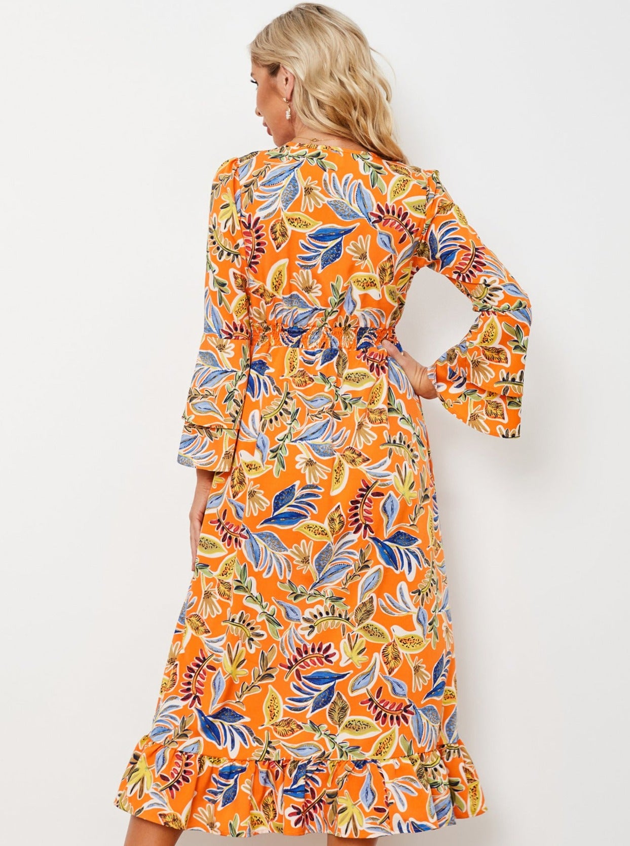 Orange V-Neck Floral Long Sleeve Midi Dress