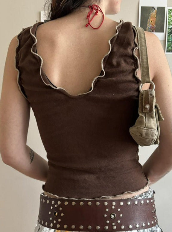 Brown V-Neck Slim Knitted Shoulder Strap Vest Top