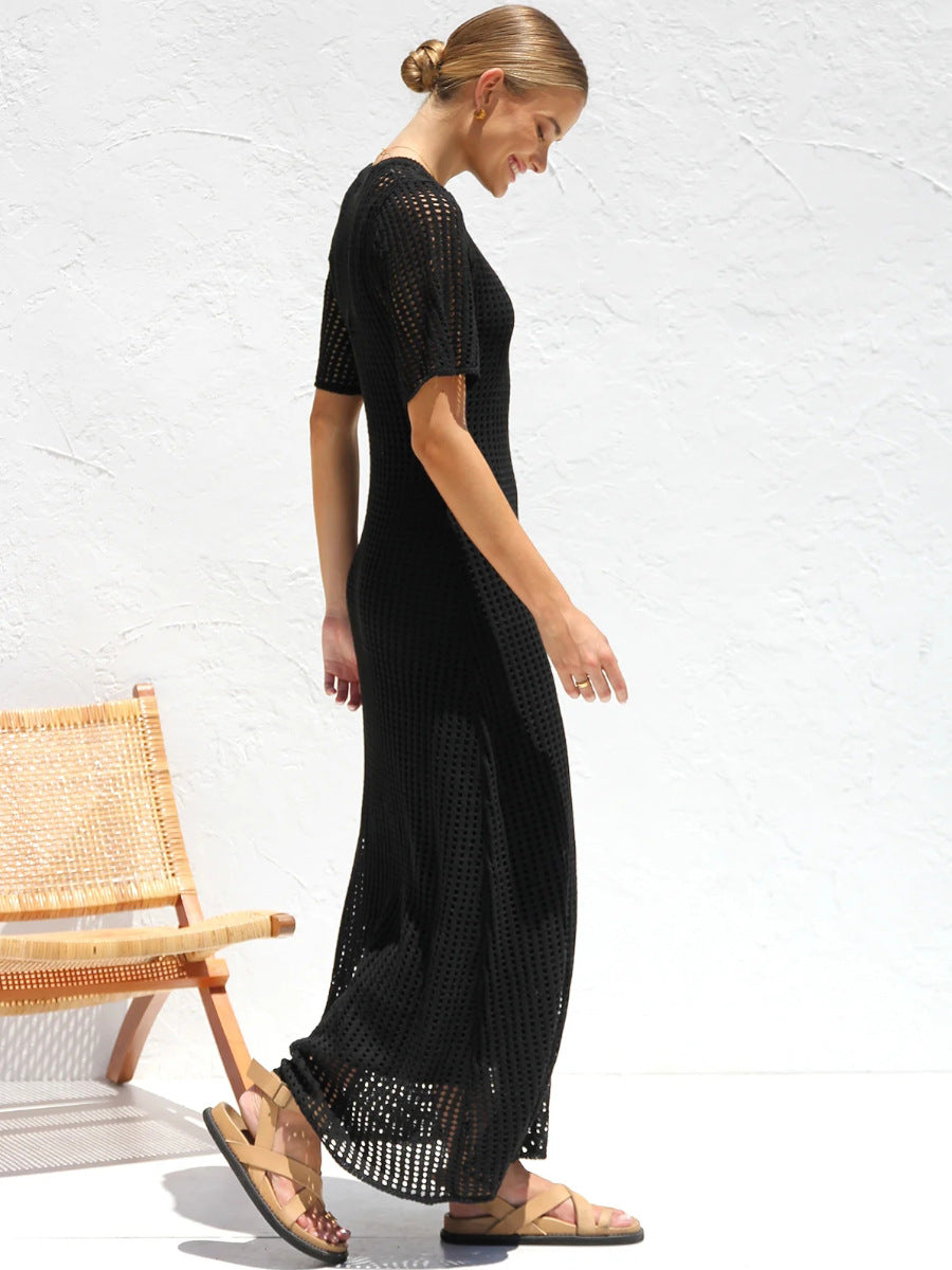 Black Casual Round Neck Short Sleeve Hollow Mid-Length Dress
