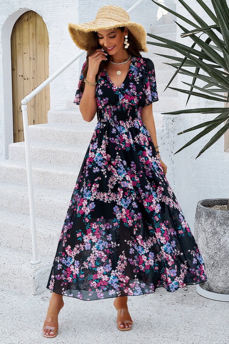 Elegant V-Neck Floral A-Line Midi Dress