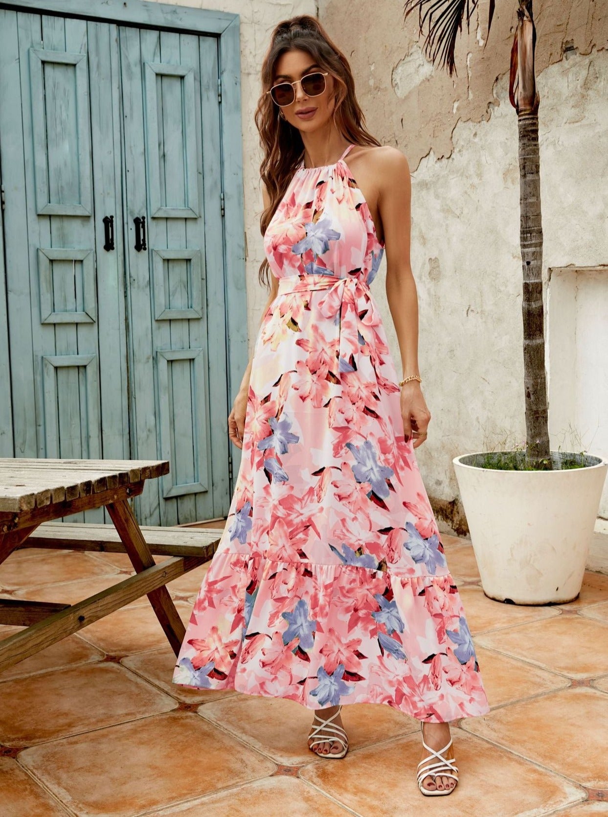 Summer Floral Printed Halter Neck Maxi Dress