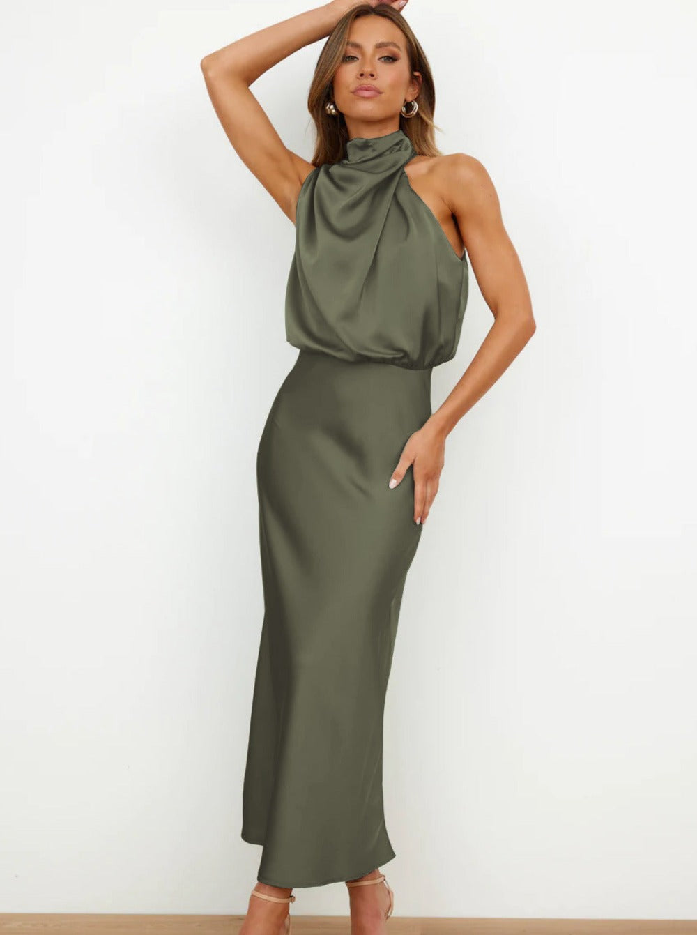 Elegant Green Halter Neck Dress