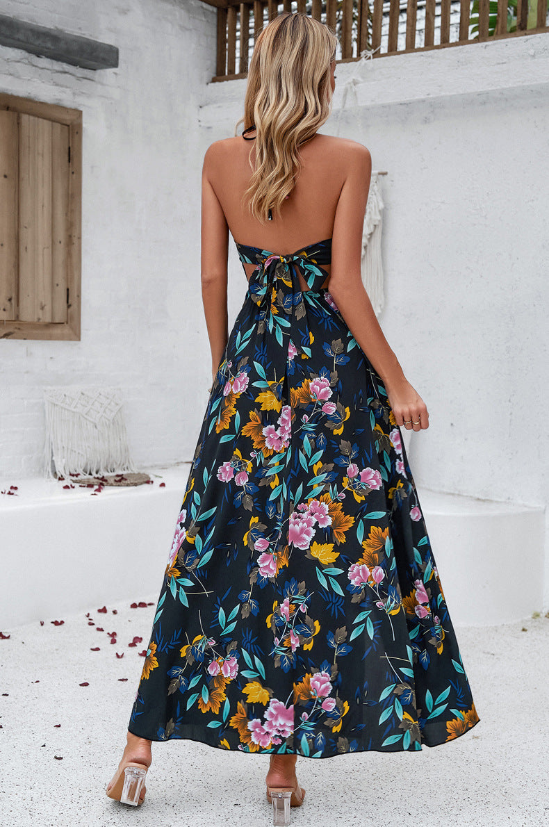 V-Neck Tie Back Printed Long Dress