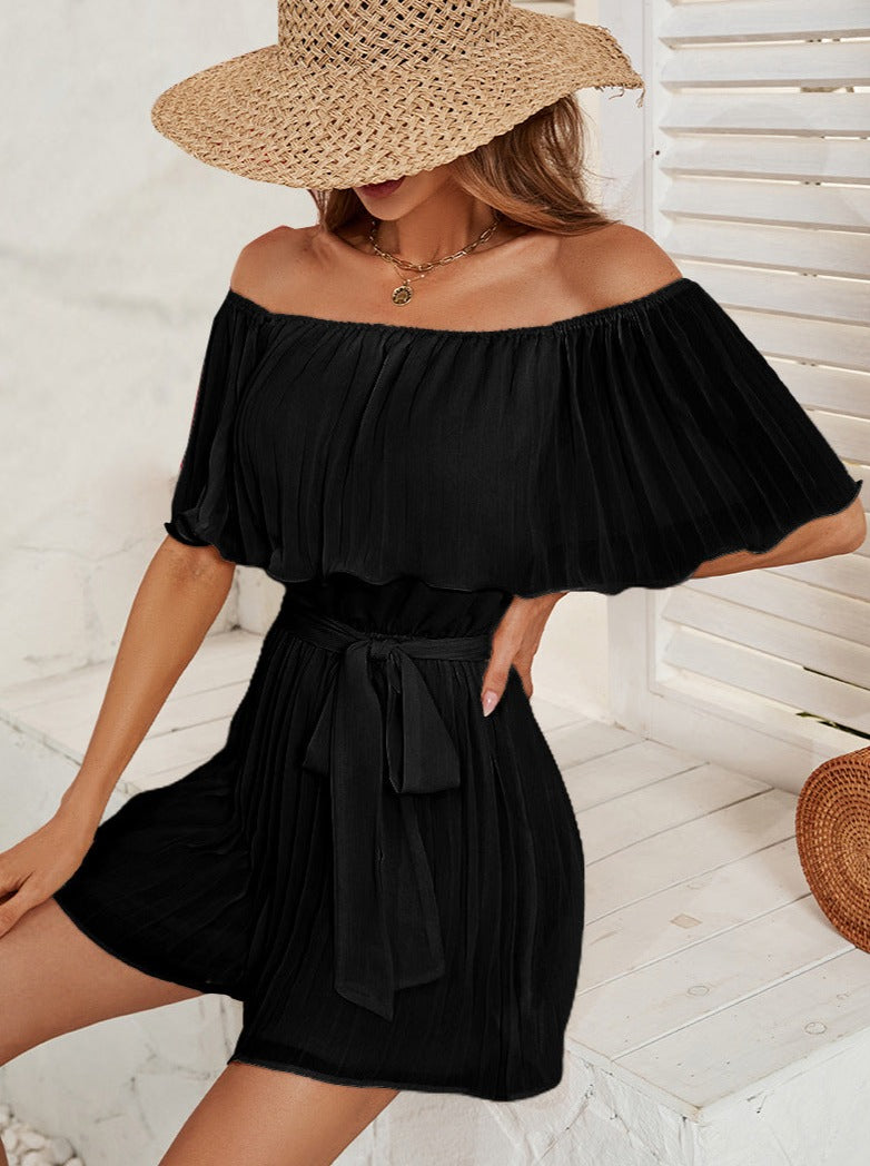 Black Off-Shoulder Pleated Collar Rompers