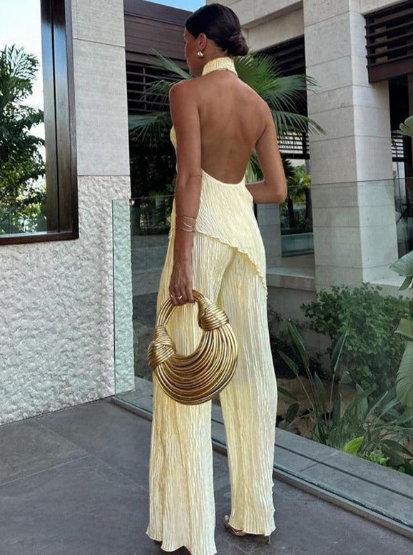 Solid Color Halter Neck Backless Sleeveless Vest Trousers Suit