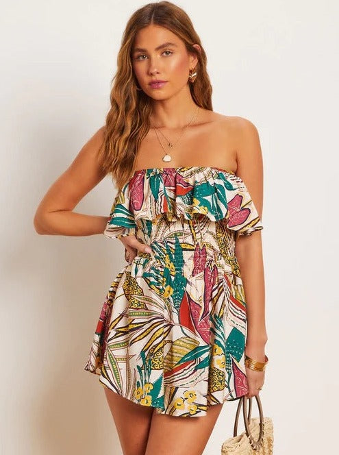 Green Strapless Tropical Printed Tube Top Dress