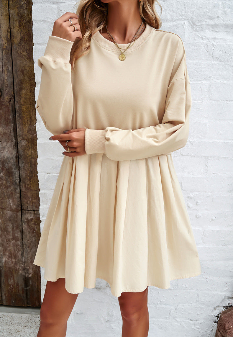 Round Neck Long Sleeve Pleated Dress