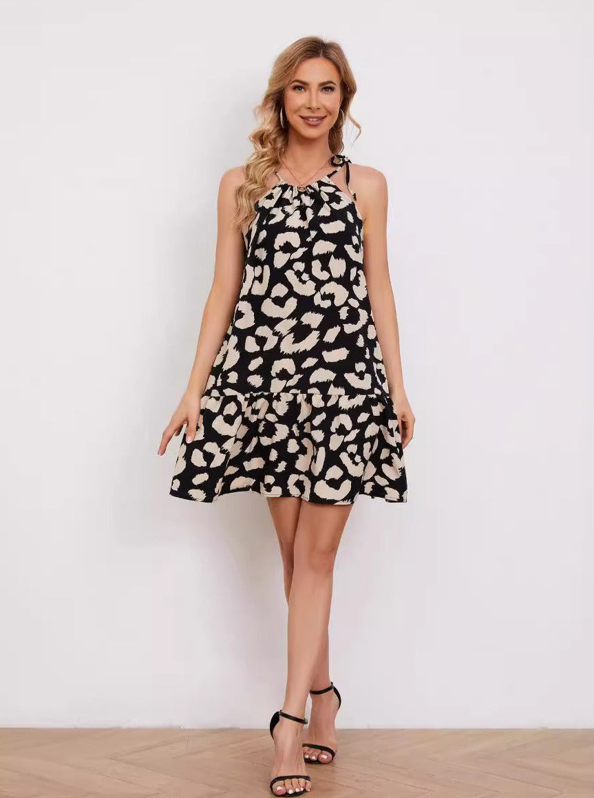 Casual Leopard Print Tie Waist Mini Dress