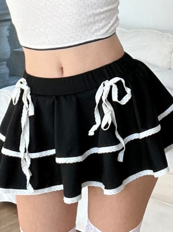 Low Waist Lace-Trim Bow Accent Skirt
