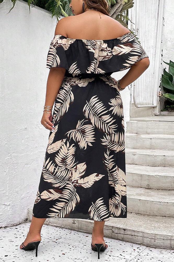 Plus Size Off Shoulder Tropical Printed Dress