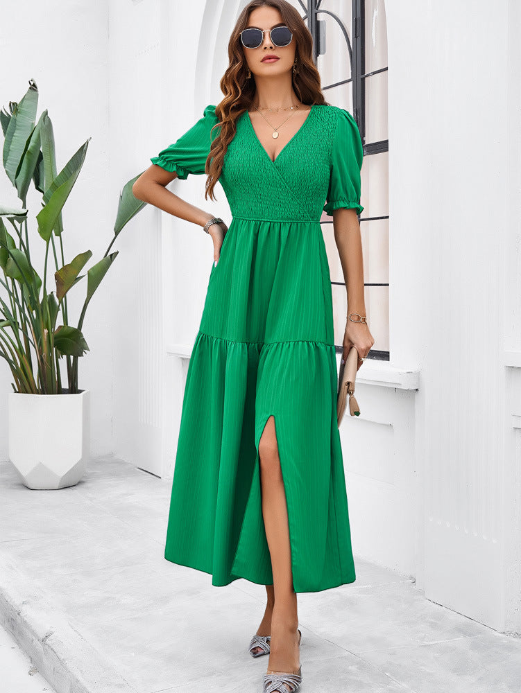 V-Neck Short Sleeved Long Dress