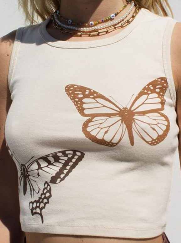 Round Neck Butterfly Print Sleeveless Vest Top