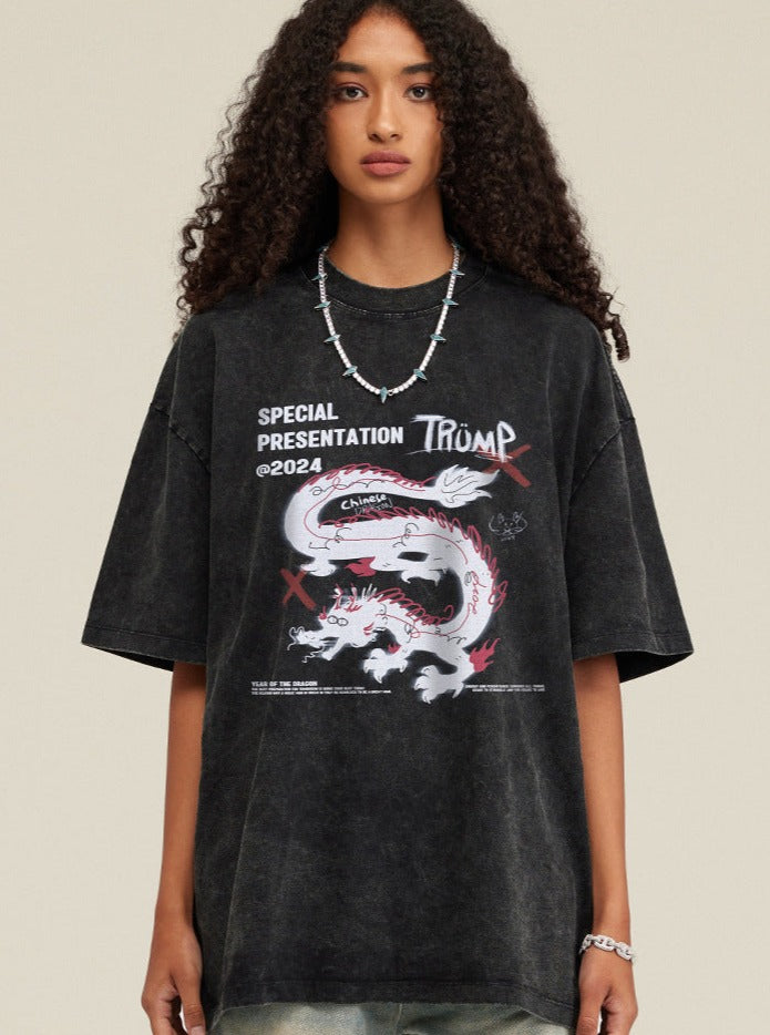 Black Casual Loose Dragon Printed Shirt