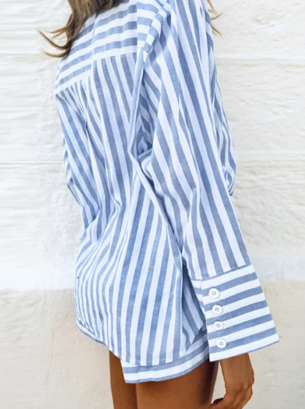 Blue Two Piece Stripes Casual Long Sleeve Shirt Shorts Set