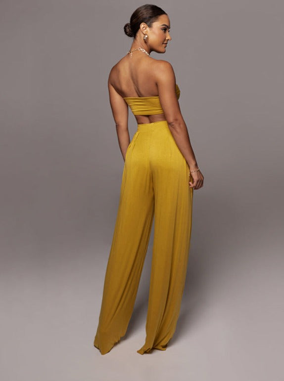 Gold Lace-Up Tube Top and Mid Waist Wide Leg Pants