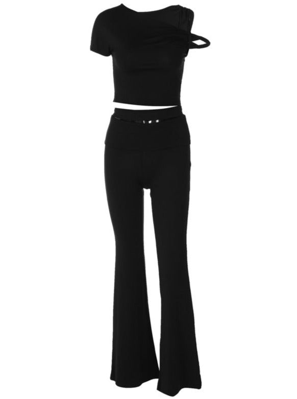 2 Piece Short Sleeved Sexy Shirt and Flared Pants Set