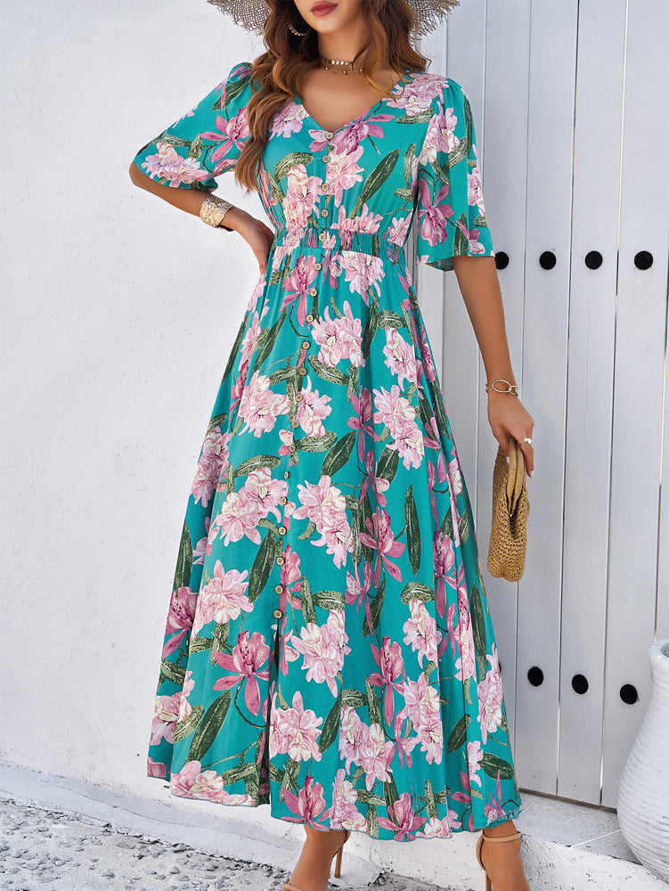 Green Floral Printed Large Swing Dress
