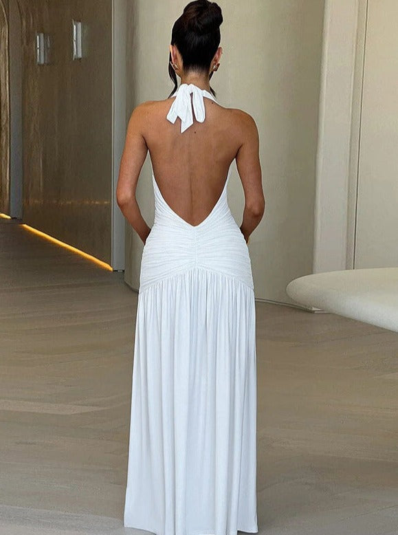 Sexy White Pleated Slit Temperament Halter V-Neck Backless Dress