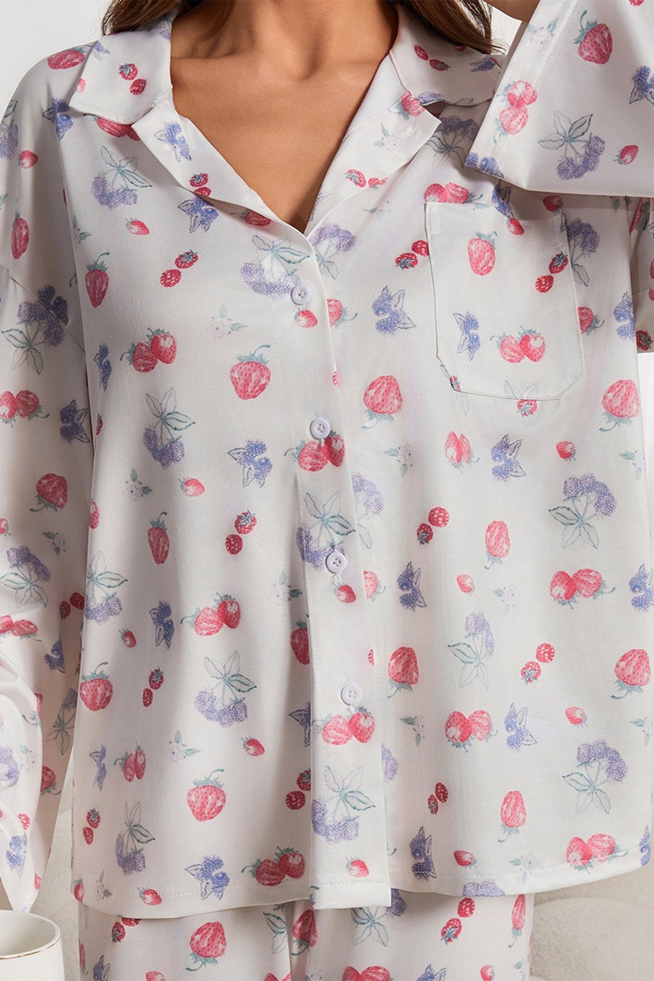 Fruit Printed Long Sleeve Shirt Wide Leg Pajama Set