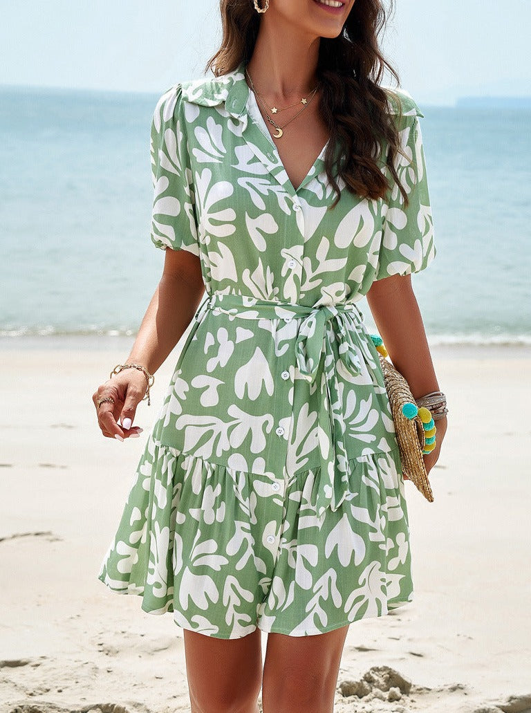 Green Tropical Printed V-Neck Short Sleeve Mini Dress