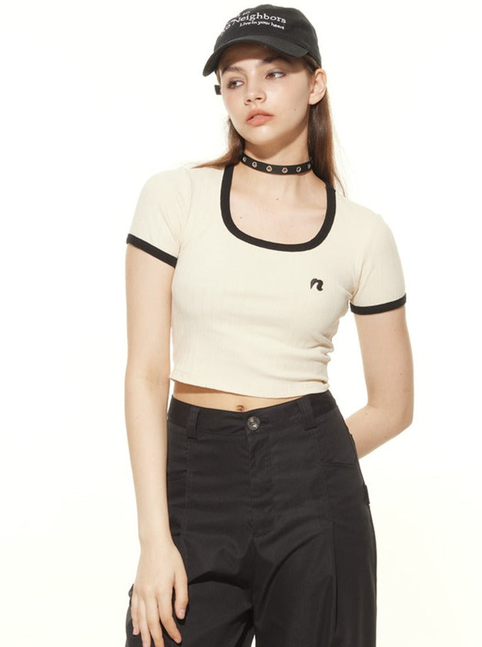Sexy Square Collar Navel-Baring Short Sleeved T-Shirt