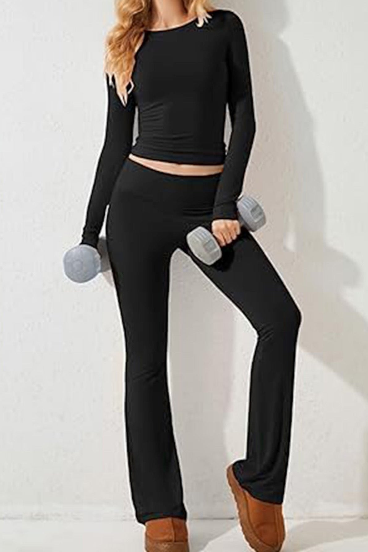 Two Piece Long Sleeve Crop Top Flare Pants Set