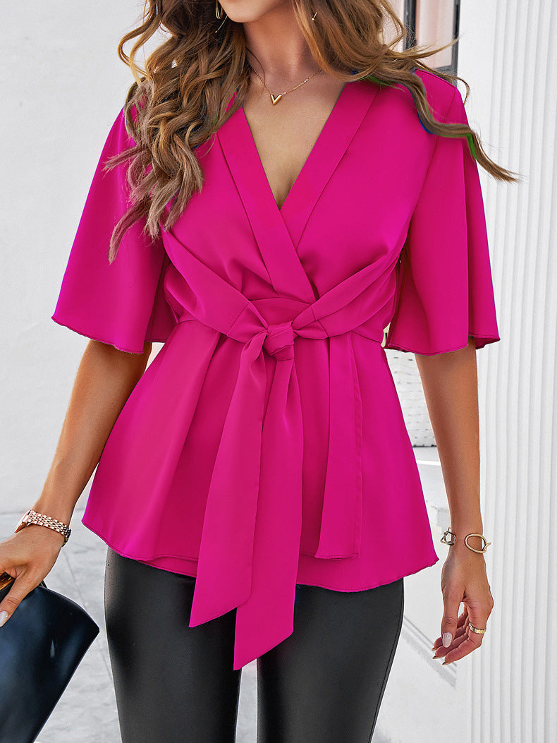 Plain V-Neck Ribbon Tie Blouse