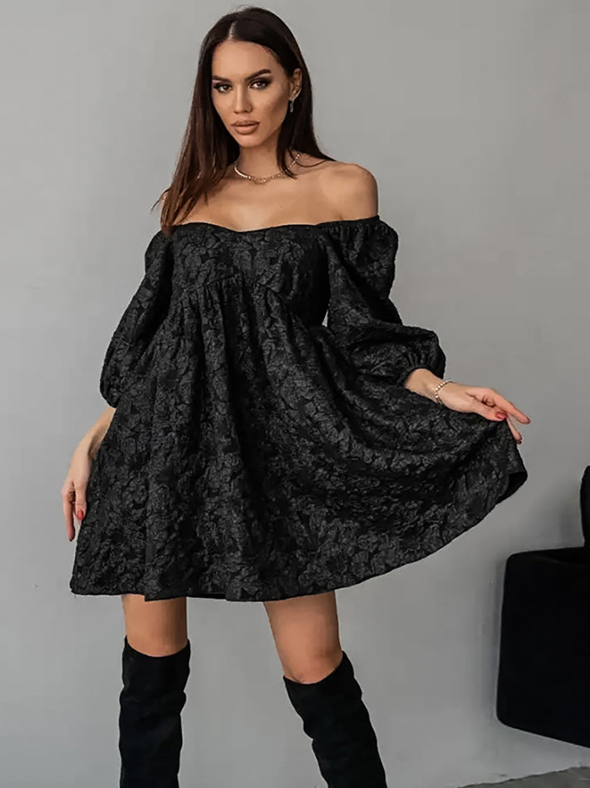 V-Neck Puff Sleeve Floral Embroidery Mini Dress