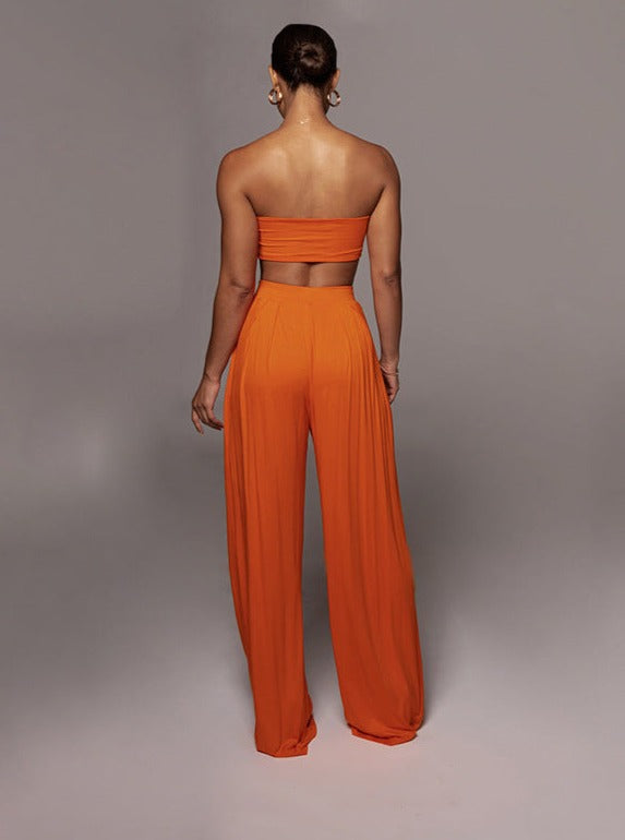 Orange Lace-Up Tube Top and Mid Waist Wide Leg Pants