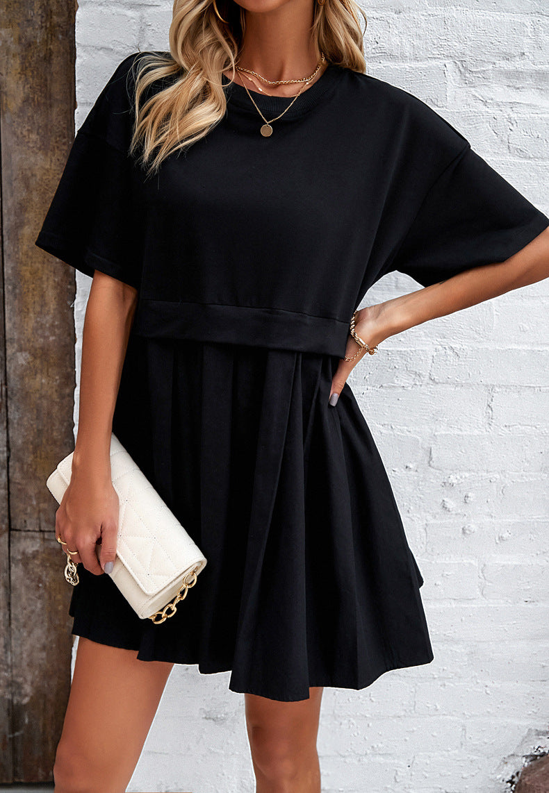 Round Neck Short Sleeve Pleated Dress