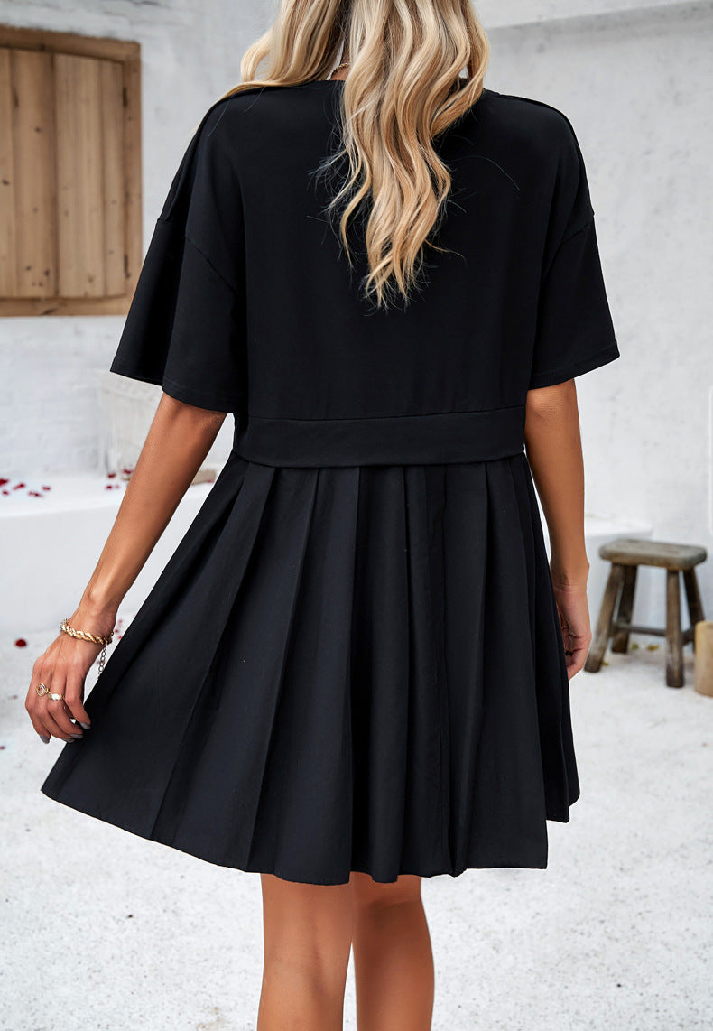 Round Neck Short Sleeve Pleated Dress